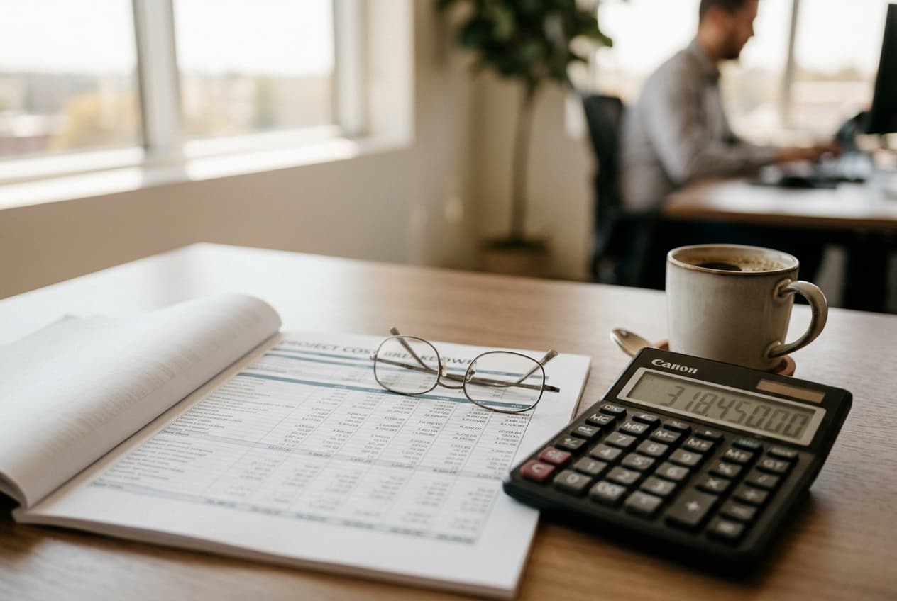 Printed cost breakdown with a calculator and reading glasses on a desk