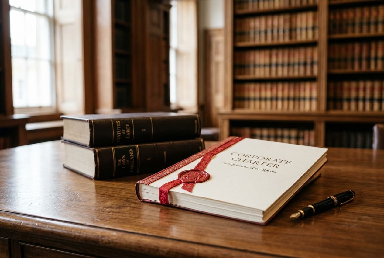 Legal statute books and a sealed corporate charter document on a desk