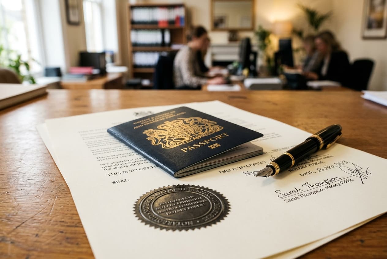 Passport on notarised documents with an embossed seal and a pen